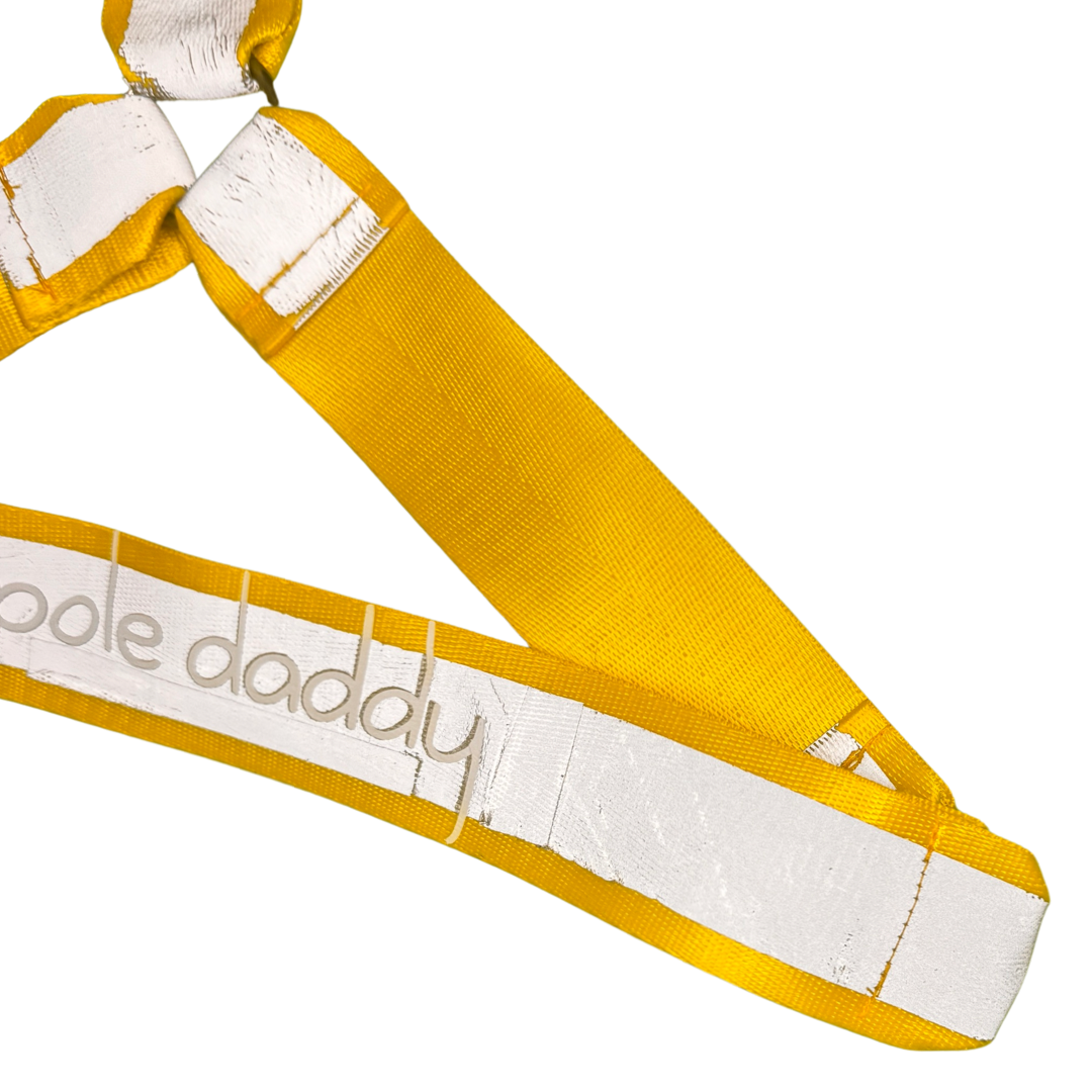 Zoomed in on Pole Daddy logo on the back of Tradie Harness in yellow